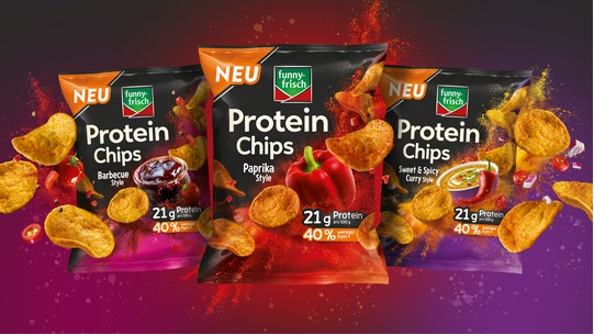 Die neuen funny-frisch Protein Chips kommen im Oktober in drei Flavours auf den Markt. Foto: Intersnack